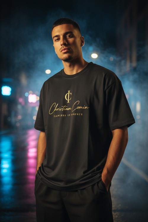 Male Model Oversized Tee Centered Logo